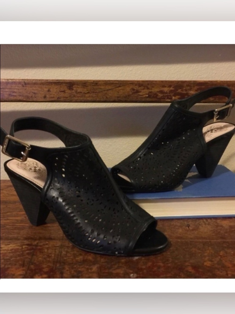 Vince Camuto Black “Envi” Cutout Slingback Chunky Heels